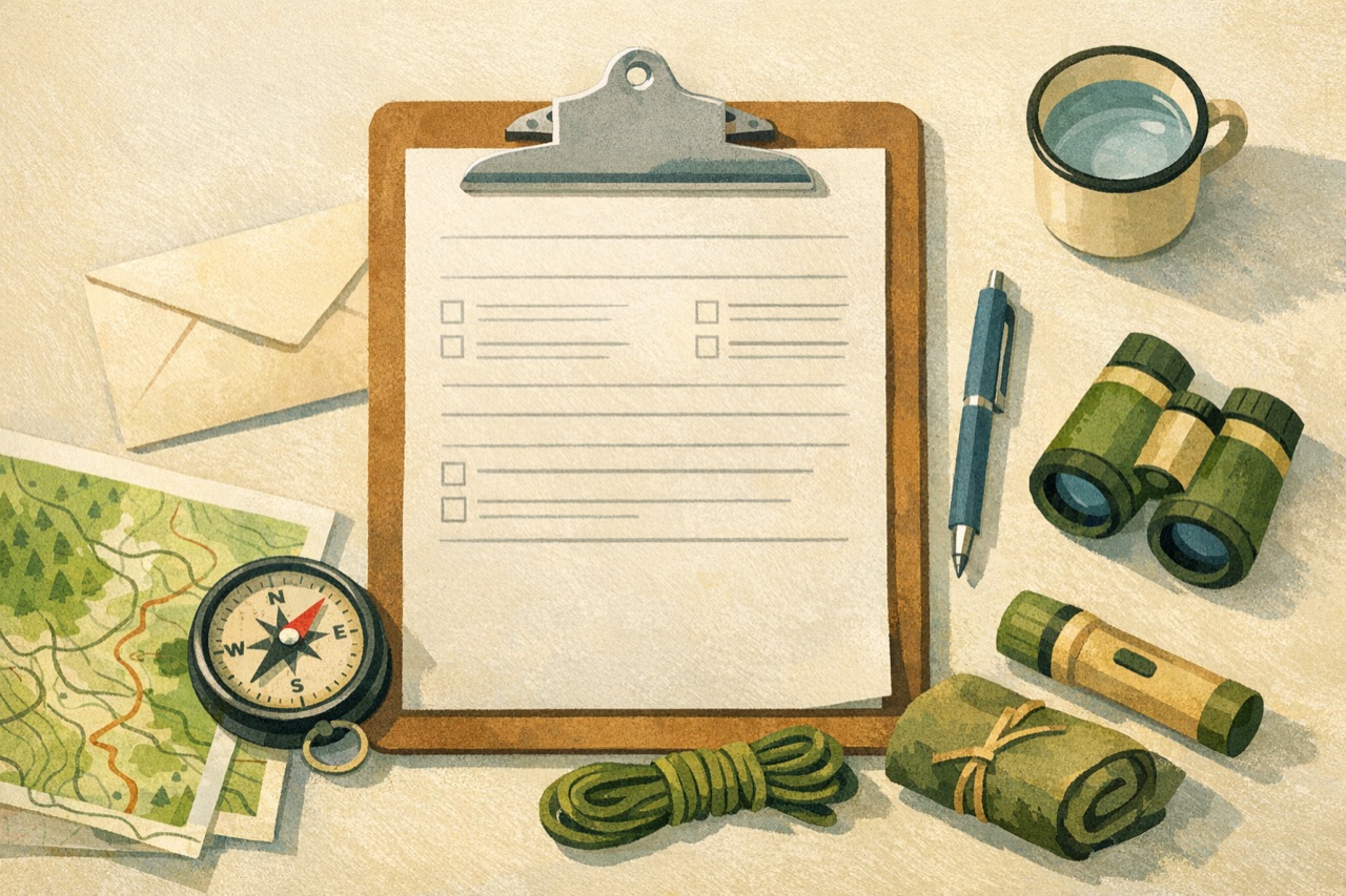 Editorial illustration of a blank clipboard form surrounded by camp-planning tools like a map, compass, pen, and binoculars.