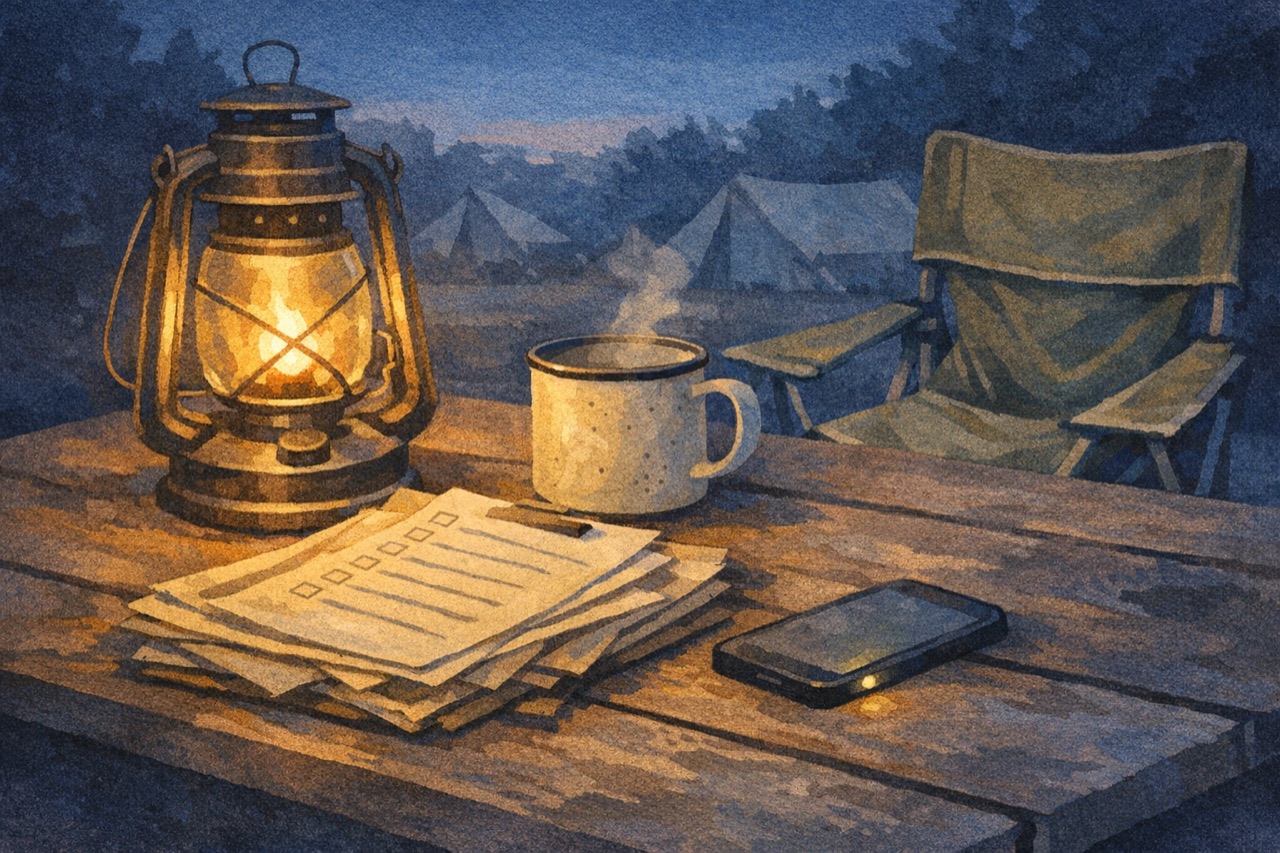 Editorial illustration of a lantern, coffee mug, phone, and checklist papers on a campsite planning table at dusk.