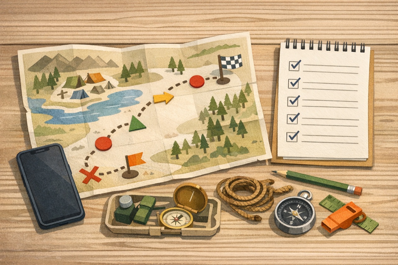 Editorial illustration of a route map, checklist, phone, and camp-planning tools arranged to suggest a guided transition.