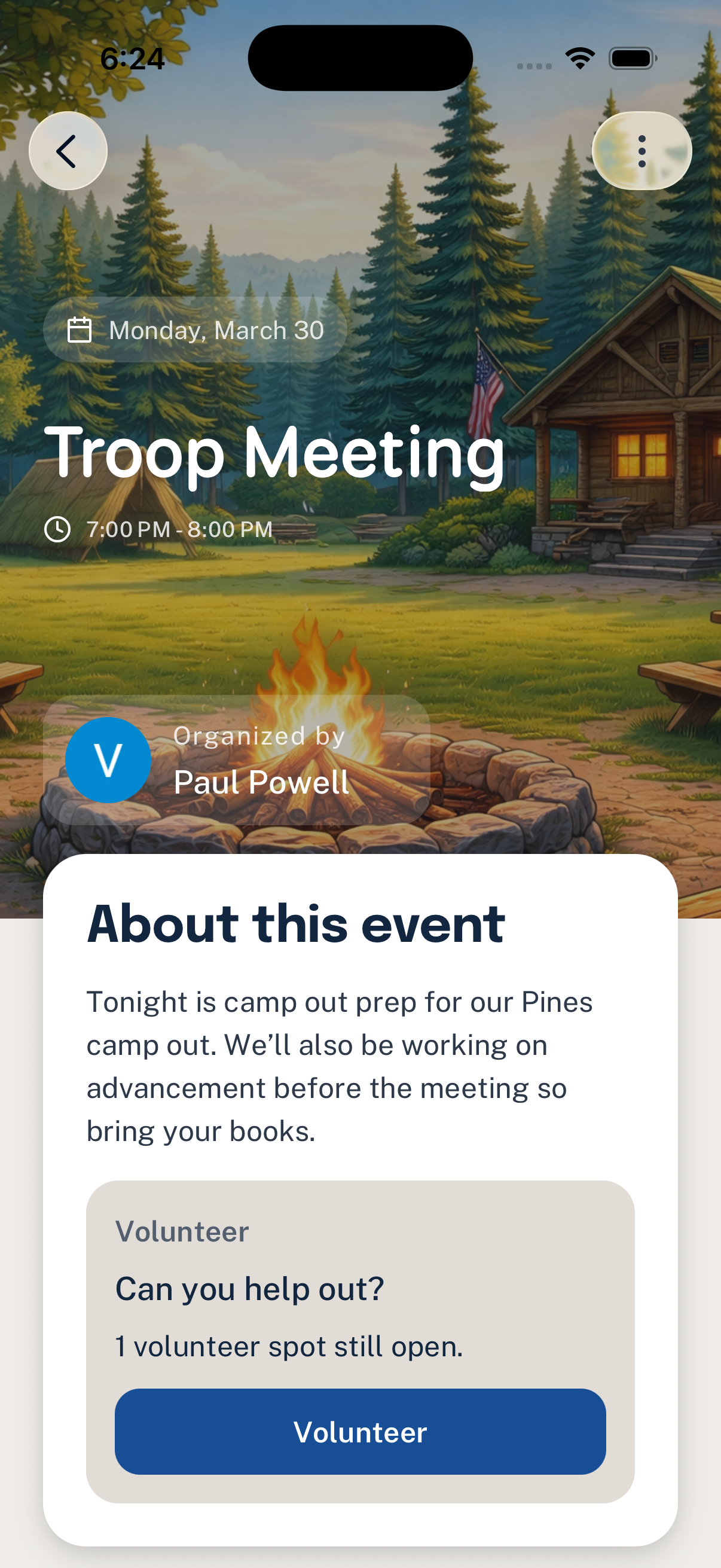 Woggle event detail screen with event overview, organizer details, and volunteer request.