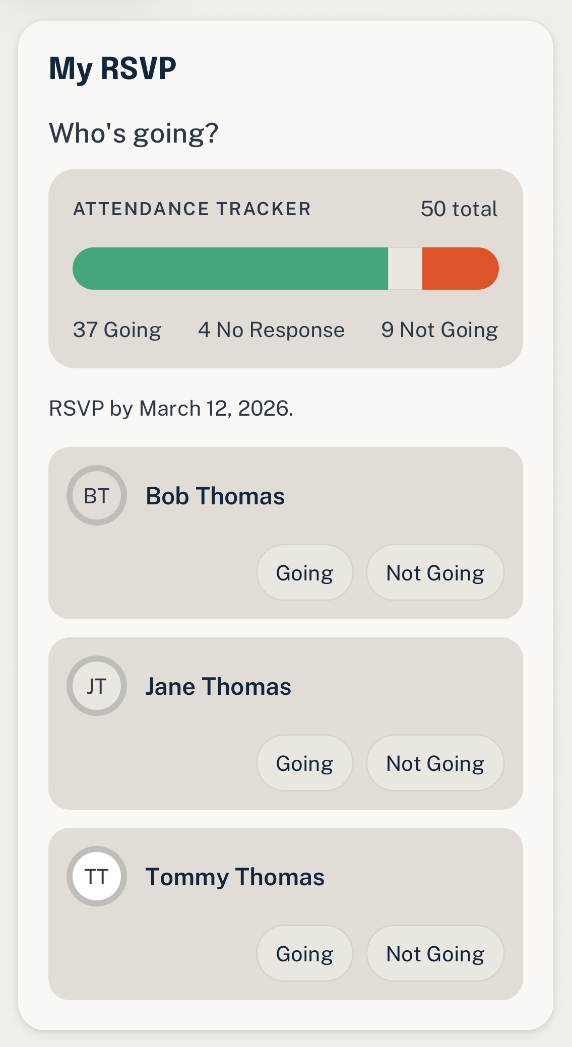 Woggle RSVP component showing household attendance totals and member-level responses.