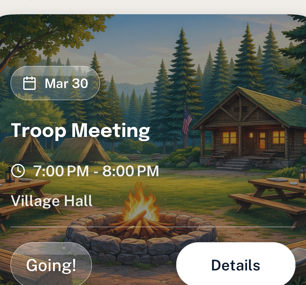 Woggle upcoming event card showing time, location, and quick response actions.