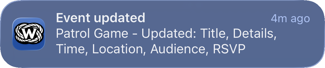 Woggle notification showing an event update with timing and detail changes.